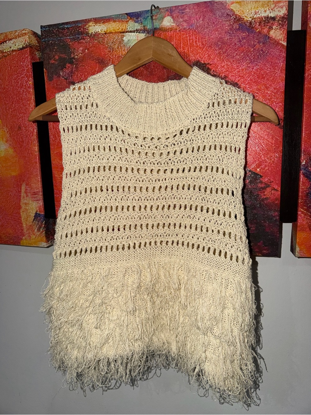 Maija Women’s Apricot Fringe Knit Top - Sleeveless Boho Top. Size: S